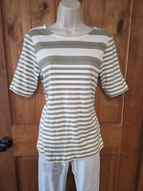 Christopher & Banks Sage and White Striped Short‎ Sleeve Tee